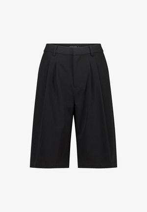 Pantalones cortos negros a medida con un corte holgado, diseño con pliegues y una cinturilla con pasadores. Confeccionados con una tela suave para mayor comodidad.