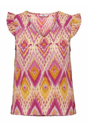 Ärmellose V-Ausschnitt-Bluse mit gerafften kurzen Ärmeln, mit einem kräftigen pink-lila-senfgelben Rauten-Ikat-Muster auf cremefarbenem Hintergrund.