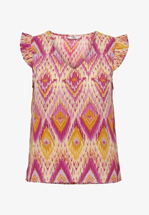 Blouse sans manches à col en V avec des manches courtes volantées, présentant un motif ikat audacieux de losanges rose, violet et moutarde sur fond crème.