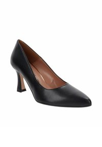 Scarpa nera in pelle con tacco alto, punta affusolata, superficie liscia e tacco quadrato corto. L'interno è di un colore beige chiaro.