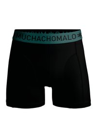 Fekete boxer alsónadrág, teal színű gumírozással, amelyen fekete betűkkel a "MUCHACHOMALO" felirat olvasható. Simaság jellemzi és testhezálló fazonban készült.
