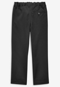 Pantalon noir avec une texture lisse, une taille élastique et une poche arrière avec fermeture par bouton. Design à jambe droite.