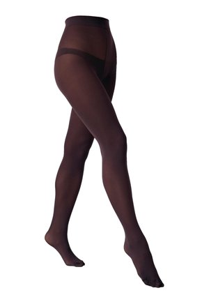 Paire de collants marron foncé transparents présentée sur des mannequins en forme de jambes sur fond blanc.