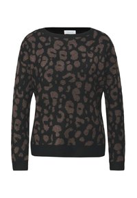 Maglione nero con motivo animalier in tonalità marroni, con scollo rotondo e maniche lunghe. Realizzato in un tessuto morbido e textured.