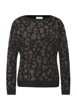 Sort sweater med leopardmønster i brune nuancer, rund halsudskæring og lange ærmer. Lavet af et blødt, tekstureret stof.