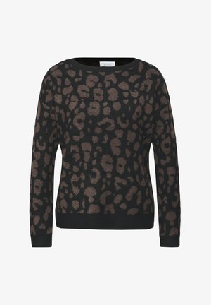 Pull noir avec un motif léopard dans des tons de brun, col rond et manches longues. Fabriqué à partir d'un tissu doux et texturé.