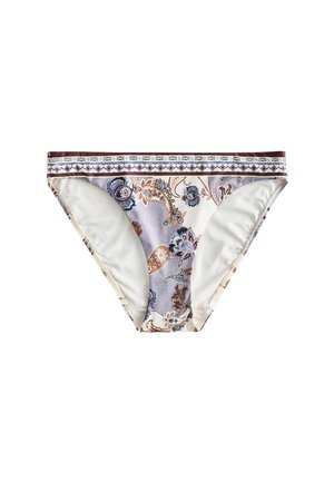 Diel bikini s kvetinovým vzorom v béžovej, hnedej a modrej farbe s dekoratívnym geometrickým pásom, izolovaný na bielom pozadí.