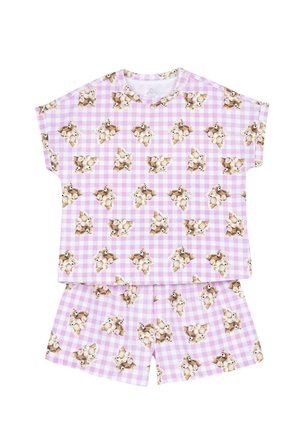 Ensemble de pyjama à manches courtes avec un motif à carreaux rose et des motifs de ours en dessin animé, fabriqué à partir d'un tissu doux pour un maximum de confort.