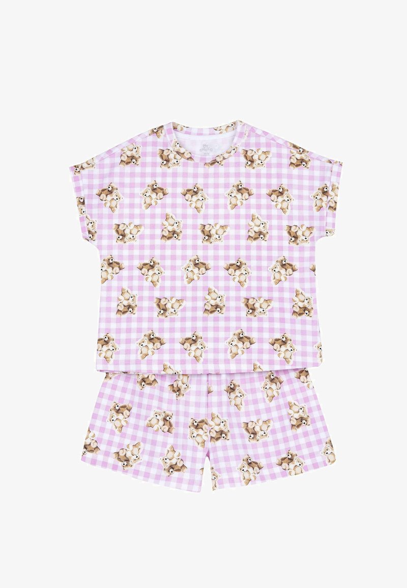 Ensemble de pyjama à manches courtes avec un motif à carreaux rose et des motifs de ours en dessin animé, fabriqué à partir d'un tissu doux pour un maximum de confort.