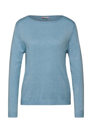 Světle modrý pletený svetr s dlouhými rukávy, kulatým výstřihem a žebrovaným lemem. Hladký povrch s jednoduchým, klasickým designem.
