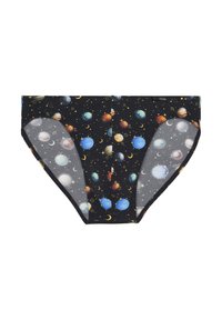 Schwarze Unterwäsche mit einem himmlischen Muster aus Planeten, Sternen und Monden. Hergestellt aus weichem Material, bietet sie eine bequeme Passform und einen elastischen Bund.