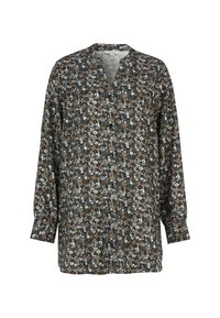 Langarmbluse aus schwarzer Baumwolle mit floralem Muster in Braun, Weiß und Blau. Mit Teilknopfleiste und Mandarin-Kragen.