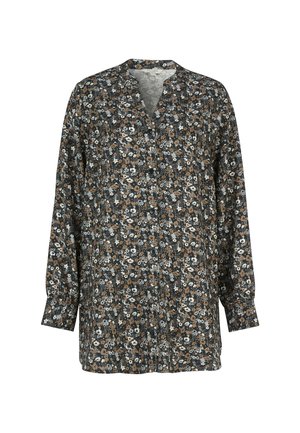 Langærmet bluse i sort bomuld med et blomstermønster i brun, hvid og blå. Har en delvis knaplukning foran og en mandarinkrave.