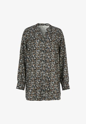 Langemouw blouse van zwarte katoen met een bloemenpatroon in bruin, wit en blauw. Beschikt over een gedeeltelijke knopenlijst aan de voorkant en een mandarin kraag.