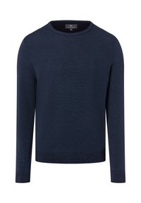 Marineblauer gestrickter Pullover mit Rundhalsausschnitt, langen Ärmeln und gerippten Bündchen. Die Textur ist glatt mit einem dezenten Muster auf der gesamten Fläche.