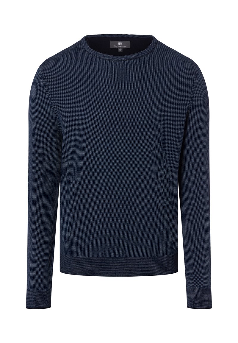 Marineblauer gestrickter Pullover mit Rundhalsausschnitt, langen Ärmeln und gerippten Bündchen. Die Textur ist glatt mit einem dezenten Muster auf der gesamten Fläche.