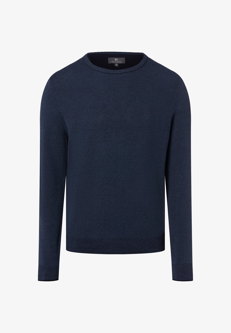 Pull en maille bleu marine avec un col rond, des manches longues et des poignets côtelés. La texture est lisse avec un motif subtil sur l'ensemble.