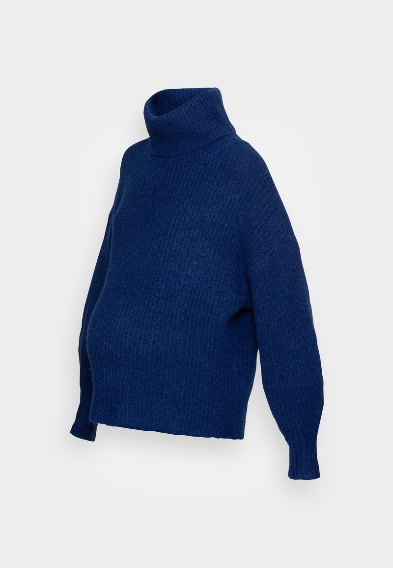 Mörkblå stickad polotröja med en avslappnad passform, ribbad textur och långa ärmar, designad för att rymma en växande gravidmage.