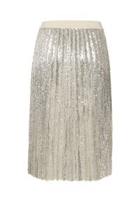 Silverfärgad paljettkjol med plisserad design, prydd med ett beige elastiskt midjeband. Texturen är glansig och reflekterar ljus i flera riktningar.