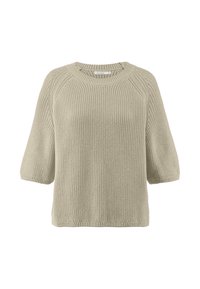 Vaaleanoliivinvihreä neulepaita, jossa on pyöreä pääntie, lyhyet raglan-hihat ja teksturoitu neulekuvio. Varustettu ribbireunuksella.