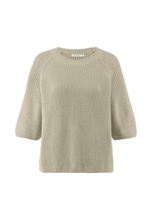 Suéter de punto en verde oliva claro con cuello redondo, mangas raglán cortas y un patrón de punto texturizado. Presenta un dobladillo acanalado.
