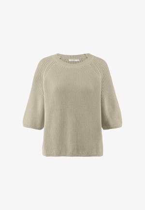 Vaaleanoliivinvihreä neulepaita, jossa on pyöreä pääntie, lyhyet raglan-hihat ja teksturoitu neulekuvio. Varustettu ribbireunuksella.