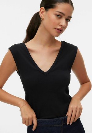 Sort ærmeløs top med dyb V-hals, lavet af glat stof, med en figursyet pasform og enkle syningsdetaljer.