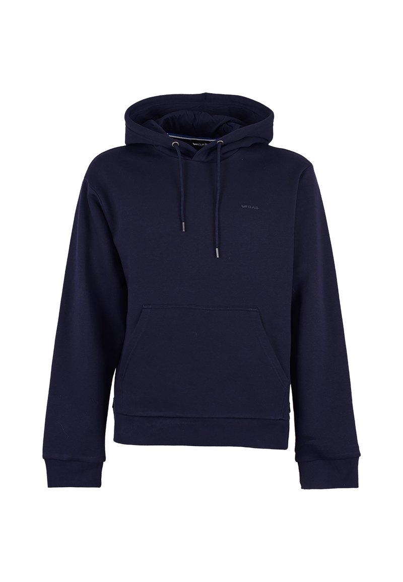 Felpa con cappuccio blu navy realizzata in tessuto morbido, dotata di tasca frontale, cordini regolabili e polsini e orlo a costine. Design minimalista.