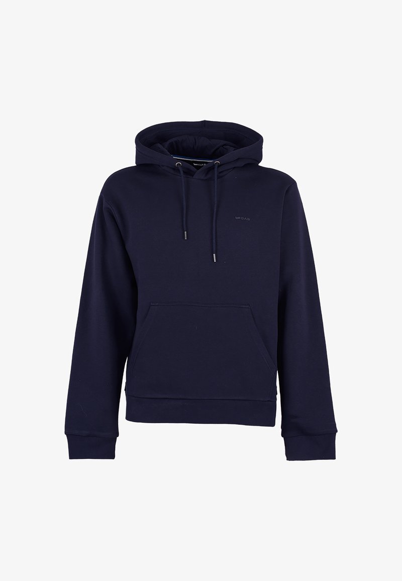 Felpa con cappuccio blu navy realizzata in tessuto morbido, dotata di tasca frontale, cordini regolabili e polsini e orlo a costine. Design minimalista.