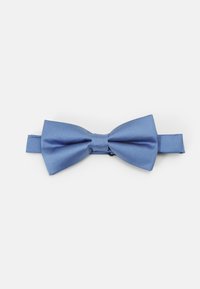 Blaues Satinschleifen mit glatter Textur, mit einem mittigen Knoten und einem verstellbaren Riemen für einen sicheren Sitz. Klassisches symmetrisches Design.