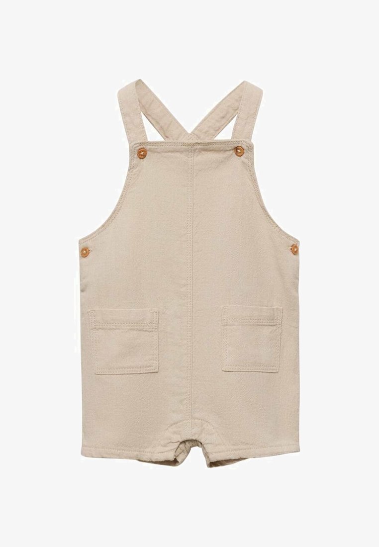 Bež kratki kombinezoni, izdelani iz trpežne tkanine, z dvema sprednjima žepoma in nastavljivimi čez-ramenskimi trakovi z gumbnimi detajli.