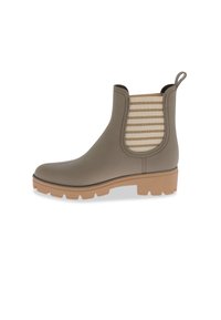 Bota de tobillo impermeable de color marrón claro con paneles laterales elásticos que presentan rayas beige. Suela de goma gruesa para tracción y durabilidad.