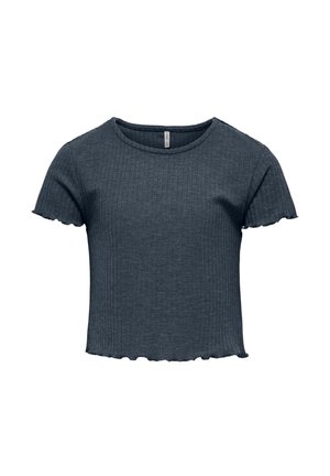 Dark gray ribbed crop top with short sleeves, featuring a wavy hem and a round neckline, crafted from a textured fabric.