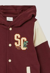 Tamsiai raudonas džemperis su kreminiais akcentais, turintis užtrauktuką, logotipą ir dinozaurą su akinių nuo saulės grafika. Minkšta medžiaga ir kasdieniškas dizainas.