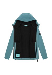 Hoodie in hellem Tiefblau mit schwarzem Fleecefutter, ausgestattet mit zwei Fronttaschen und einem Reißverschluss. Weiche Textur und lässiges Design.