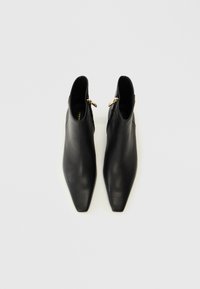 Svarte skinn ankelstøvler med spiss tådesign, sidelommer og en glatt tekstur. Gulldetaljer forsterker det elegante utseendet.