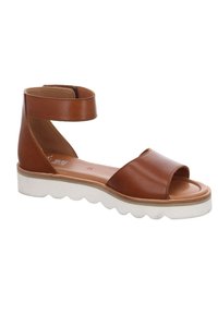 Sandale en cuir marron à bout ouvert avec bride à la cheville et semelle blanche festonnée, conçue pour un usage décontracté.