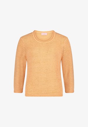 Pull léger orange tricoté avec un col rond, des manches trois-quarts et un ourlet côtelé, présentant une texture subtile partout.