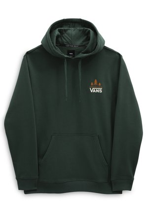 Ciemnozielona bluza Vans z kapturem, kieszenią z przodu, sznurkiem do regulacji kaptura i małym logo z trzema drzewami oraz napisem „Always Hand Planted” na piersi.