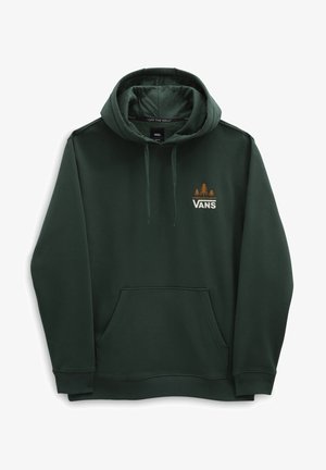 Dunkelgrüner Vans Hoodie mit Fronttasche, Kordelzug an der Kapuze und kleinem Logo mit drei Bäumen und dem Schriftzug „Always Hand Planted“ auf der Brust.