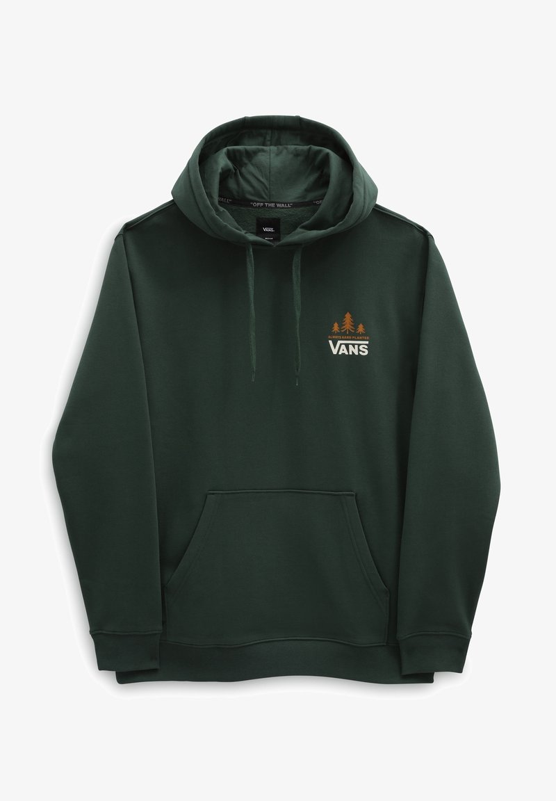 Sweat à capuche Vans vert foncé avec poche avant, capuche à cordon et petit logo avec trois arbres et le texte « Always Hand Planted » sur la poitrine.