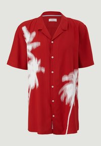 Rotes Kurzarmhemd mit weißen Palmenmotiven, Knopfleiste und weicher Stoffstruktur. Klassischer Kragen mit lässiger Passform.