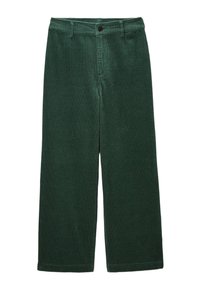 Pantalon en velours côtelé vert avec une surface texturée, jambes larges et fermeture à bouton à la taille. Ourlets lisses et détails de rainures verticales tout au long.