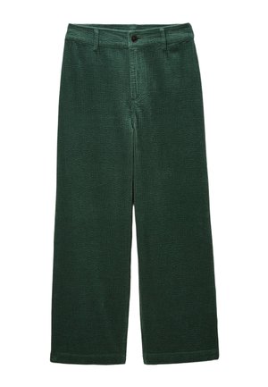 Pantalon en velours côtelé vert avec une surface texturée, jambes larges et fermeture à bouton à la taille. Ourlets lisses et détails de rainures verticales tout au long.