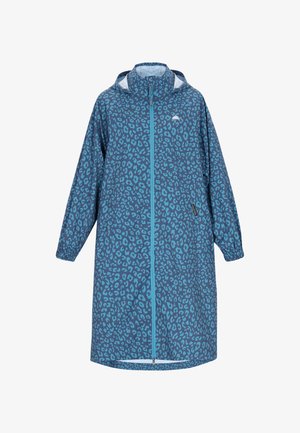 Imperméable avec un imprimé léopard bleu, doté d'une fermeture éclair à l'avant, d'une capuche, de poignets élastiques et d'une coupe ample pour une meilleure mobilité.