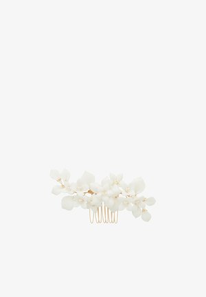 Weißes Haarreif mit floralen Motiven, das mit strukturierten Blütenblättern und goldfarbenen Elementen verziert ist. Der Kamm hat mehrere Zinken für einen sicheren Halt.