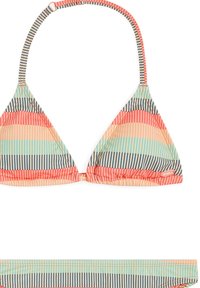 Trekantet bikini top og matchende bund, med vandrette striber i koral, teal og marineblå. Fremstillet af letvægts, strækbart stof.