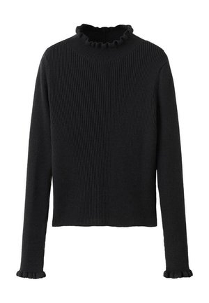 Suéter negro de canalé con mangas largas, cuello alto con volantes y puños con volantes, hecho de una tela de punto suave y de textura.