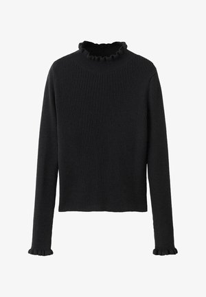 Suéter negro de canalé con mangas largas, cuello alto con volantes y puños con volantes, hecho de una tela de punto suave y de textura.