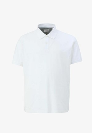 Polo shirt blanc avec un col, des manches courtes, une patte de boutonnage à trois boutons et un tissu légèrement texturé.